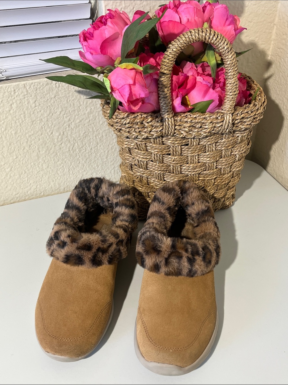 Skechers Suede-Look Slip-On Slippers with Leopard Faux-Fur Collar in Tan